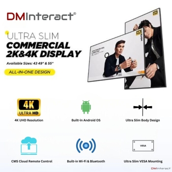 DMInteract 43 Inch Ultra Thin Pro 2K Resolution With 2GB/16GB, Android OS Wall Mounted Signage Display