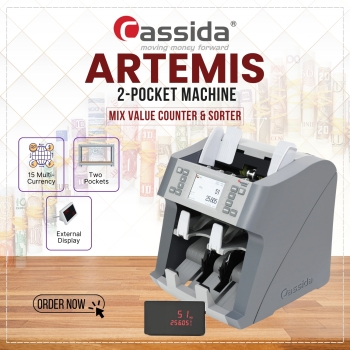 Cassida Artemis 2 Pocket Currency Counter & Sorter LCD Touch Display, 1000 BPM, Mix Value Batch Counting, Multi-Currency Up to 15 Currencies, Counterfeit Detection Counting Machine