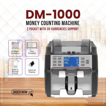 DMInteract DM-1000 2 Pocket 20 Multi Currency Sorter Money Counting Machine With Built-In Receipt Printer and External Display