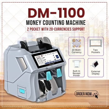 DMInteract DM-1100 2 Pocket 20 Multi Currency Sorter Money Counting Machine, 7.84" TFT Full Touch Screen Display With Built-in Receipt Printer & Free External Display