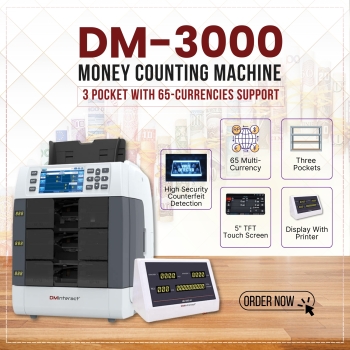 DMInteract DM-3000 3 Pocket Upto 65 Multi Currencies Fitness Sorter And Banknote Counting Machine With Built-In Receipt Printer External Display