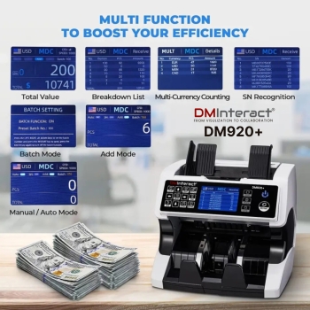 DMInteract DM-920+ Single Pocket Smart Currency Sorting for 15 Currencies with 3.5-Inch Touch Display Counting Machine