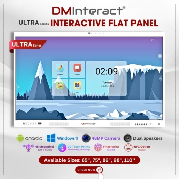 DMInteract Ultra Series 110" 4K+8K Upto 40 Touch Point With Built-In 48MP Camera, 8 Array Microphone, 20W Dual Speakers, NFC & Fingerprint Smart Interactive Flat Panel Display With 16GB RAM 256GB ROM Android 13 And OPS Module (Optional)