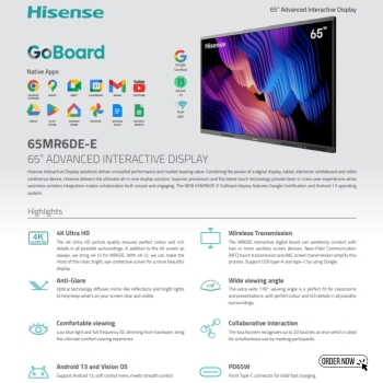 Hisense 65MR6DE-E 65” GoBoard - Google Certified with Android 13 For Education Advanced Interactive Display