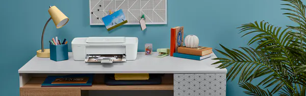 HP DeskJet 1200 Series (OOV White) home office with Blue background, front facing